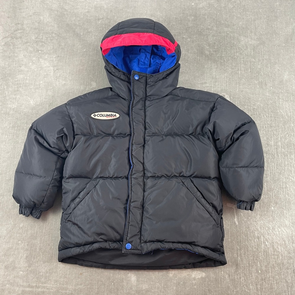 Columbia Boys 6/7 Blue Black Red Reversible Puffer Jacket Hooded Winter Coat